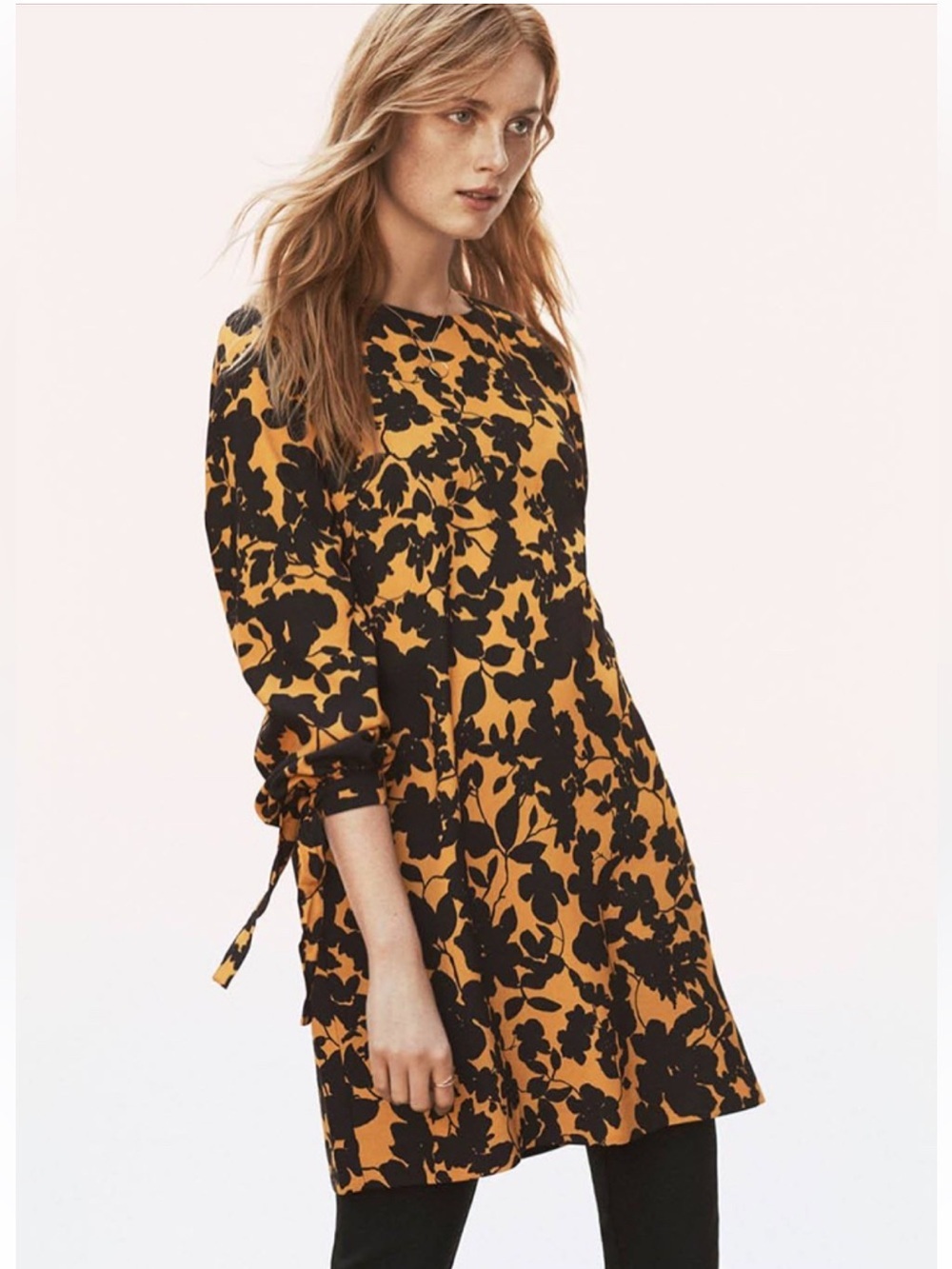 H&M Black Floral Mini Long Sleeve Dress in Mustard Fall Formal Colorful 4